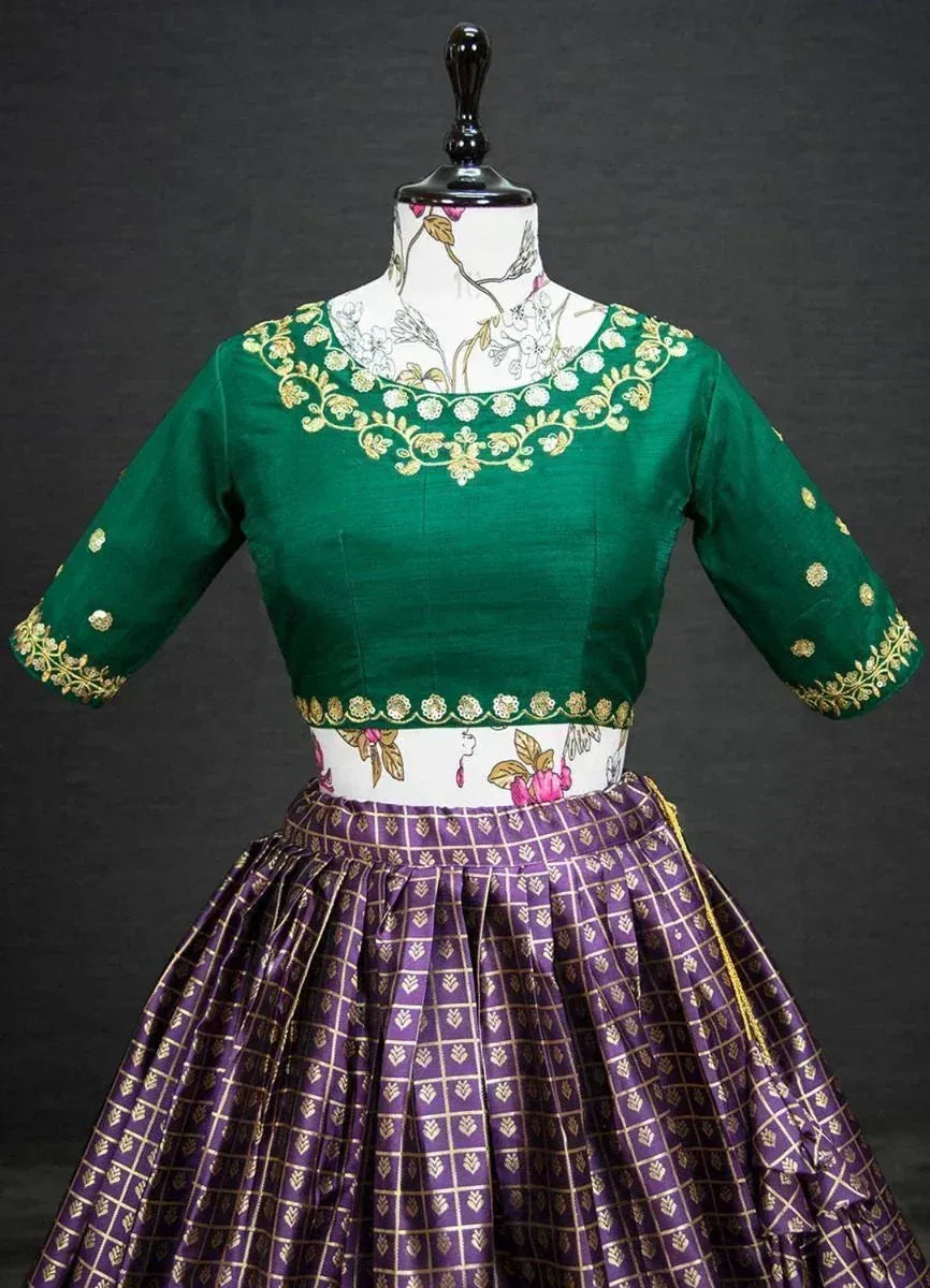 Green embroidered blouse with purple patterned skirt, Indian ethnic wear
