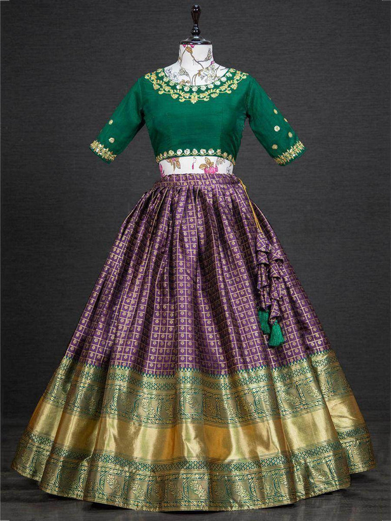 Amazing Wine Silk Zari Weaving Onam Festival Wear Half Saree Lehenga