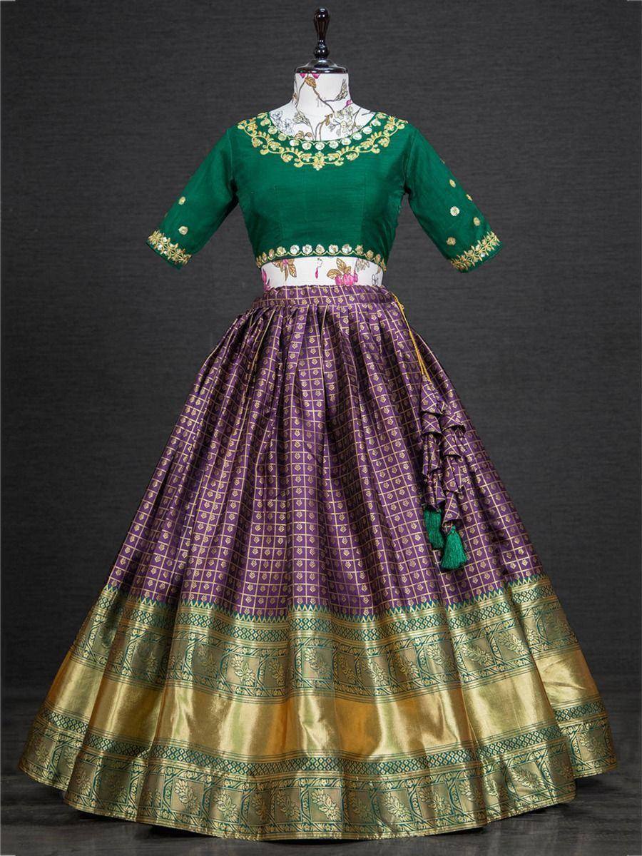 Green embroidered blouse with purple gold patterned lehenga, Indian ethnic wear for women