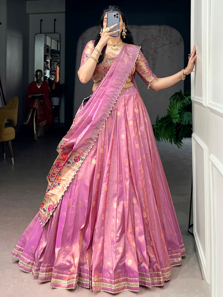 Fantastic Pink Zari Weaving Shimmer Wedding Wear Lehenga Choli