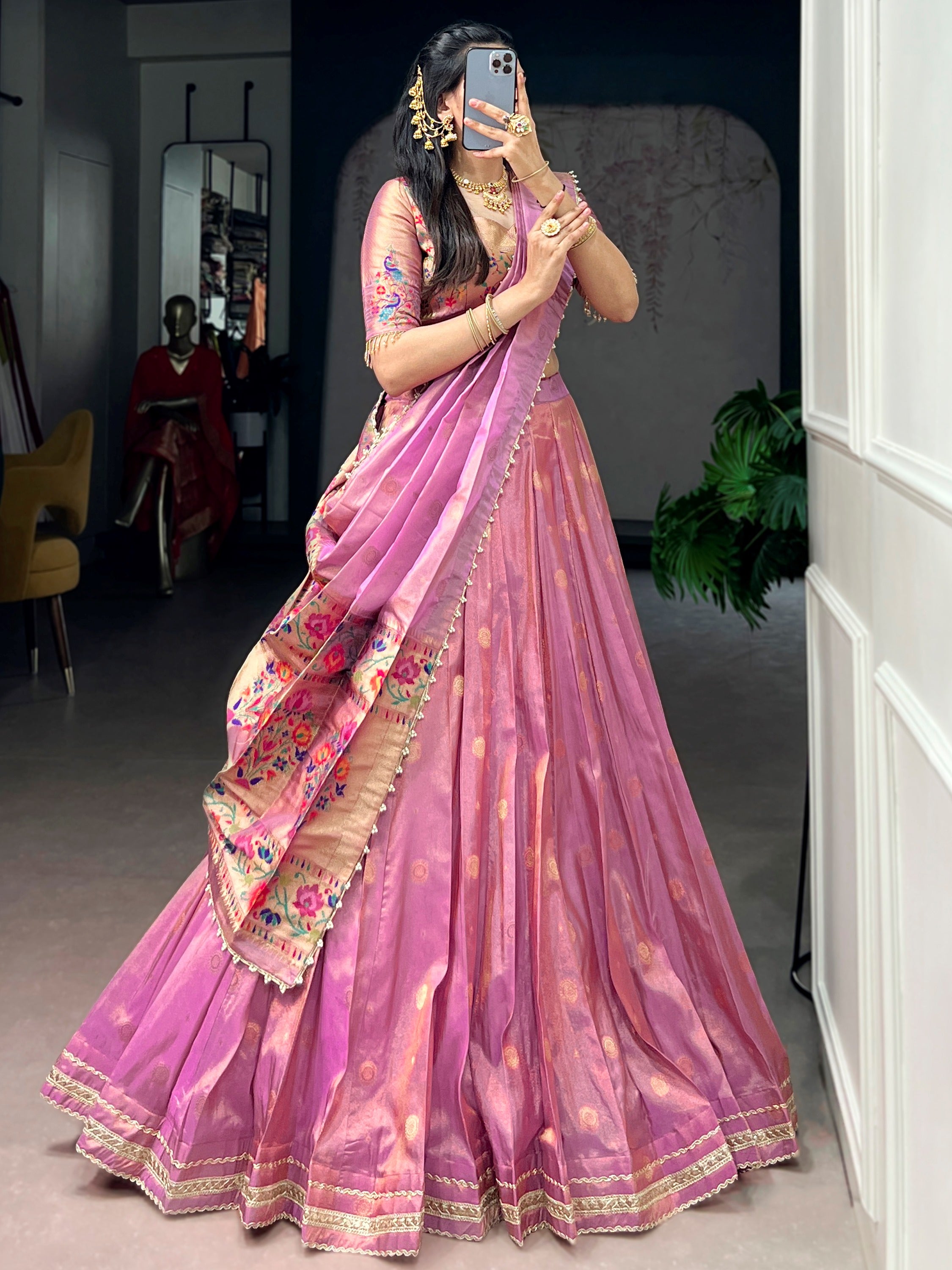 Fantastic Pink Zari Weaving Shimmer Wedding Wear Lehenga Choli