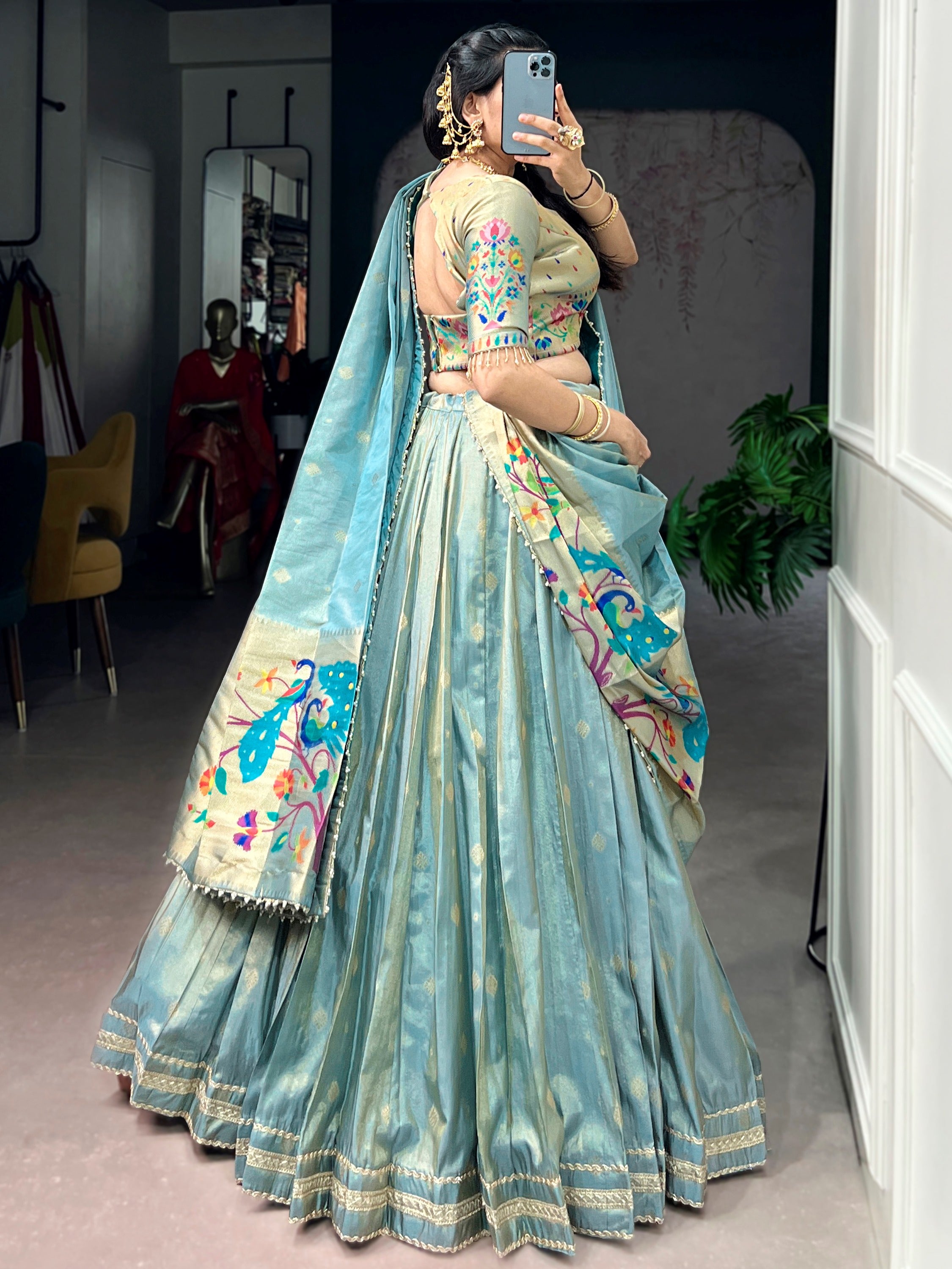 Alluring Sky Blue Zari Weaving Shimmer Traditional Lehenga With Blouse