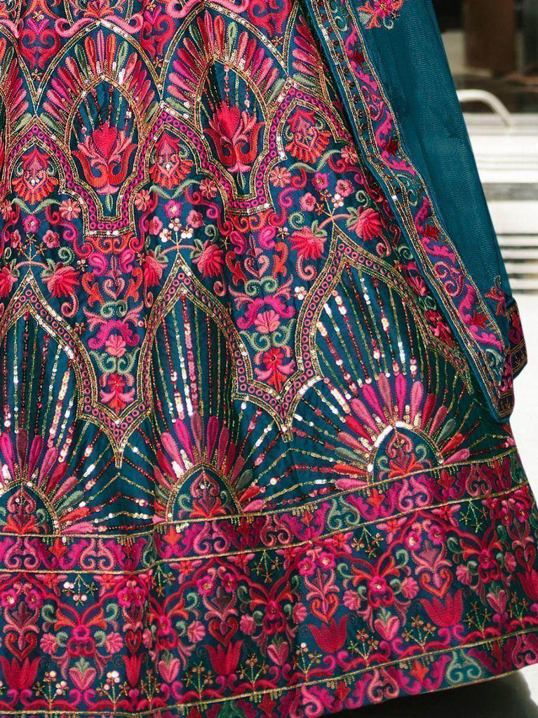 Magnificent Teal Blue Heavy Sequins Silk Wedding Lehenga Choli