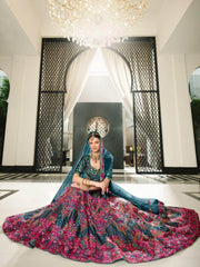 Magnificent Teal Blue Heavy Sequins Silk Wedding Lehenga Choli