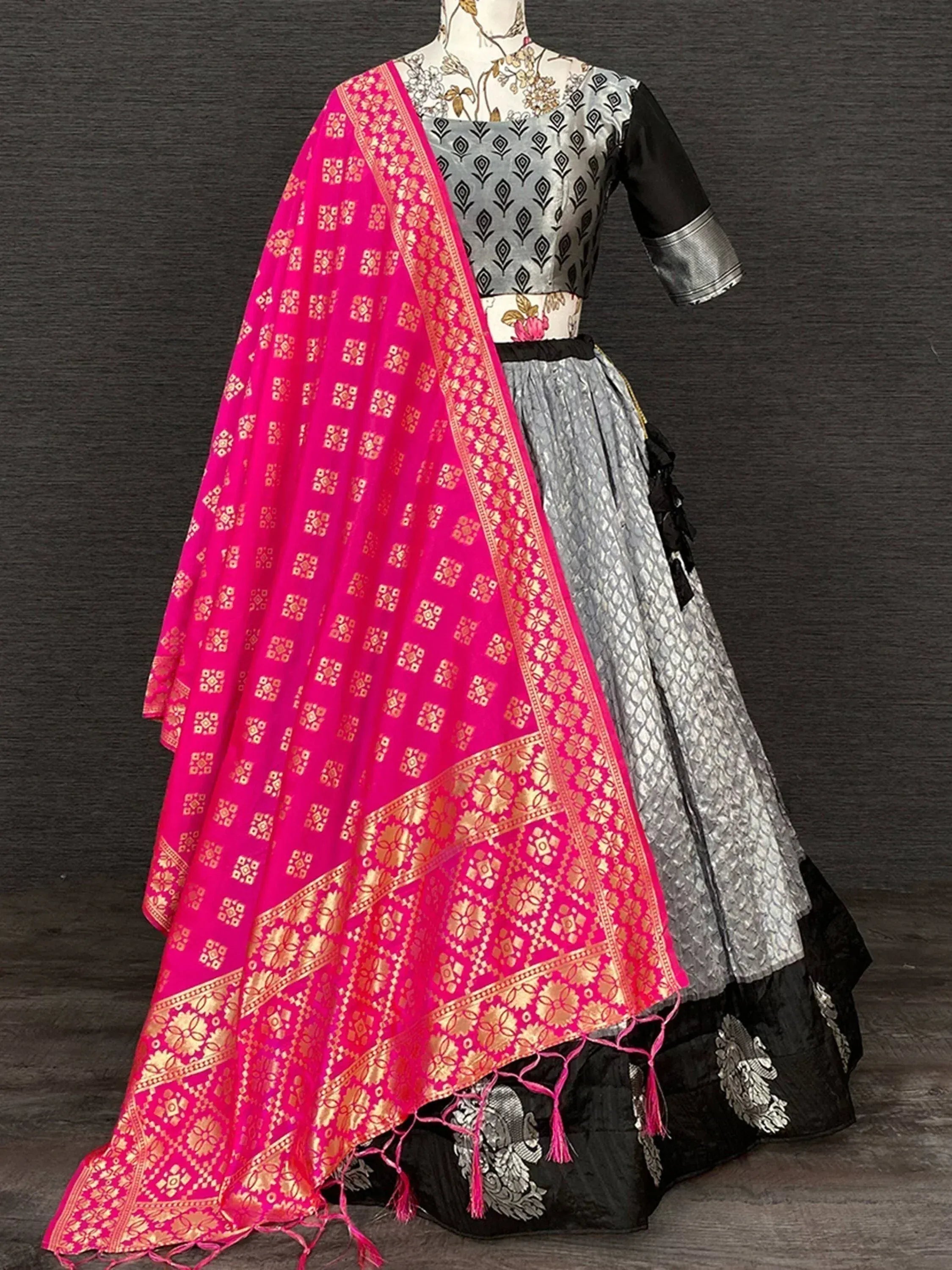 Grey and black designer lehenga choli with pink gold brocade dupatta, ethnic wear for women