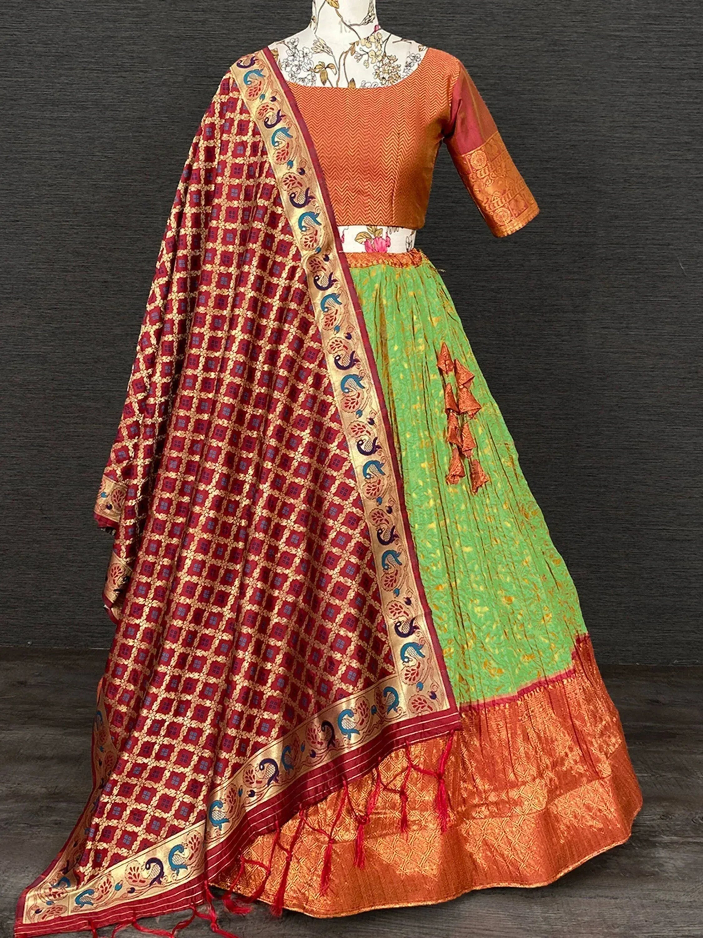 Orange and green designer lehenga choli with red dupatta, ethnic Indian wear for women