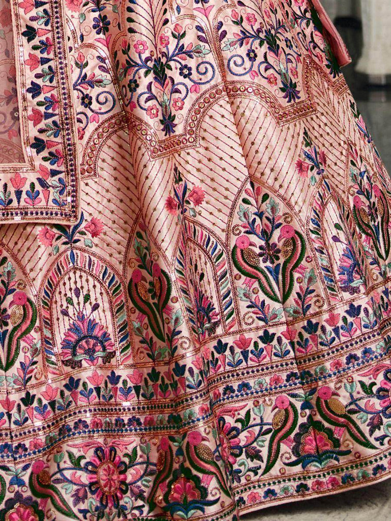 Spectacular Peach Floral Embroidery Silk Lehenga Choli With Dupatta