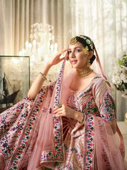 Spectacular Peach Floral Embroidery Silk Lehenga Choli With Dupatta
