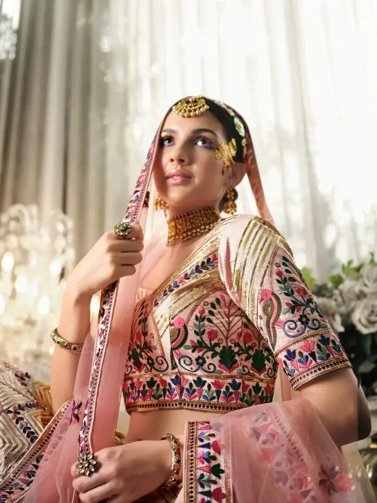 Spectacular Peach Floral Embroidery Silk Lehenga Choli With Dupatta