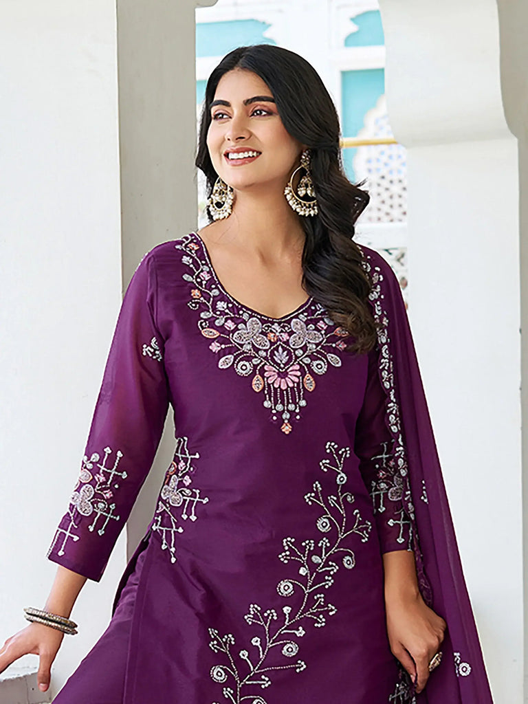 Tantalizing Wine Sequins Embroidered Georgette Palazzo Suit