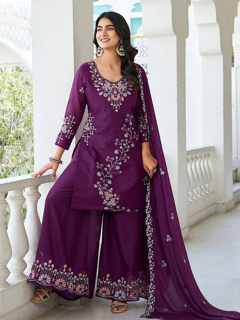 Tantalizing Wine Sequins Embroidered Georgette Palazzo Suit