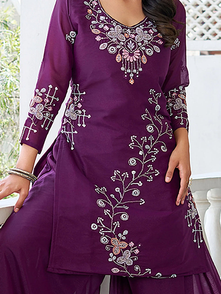 Tantalizing Wine Sequins Embroidered Georgette Palazzo Suit