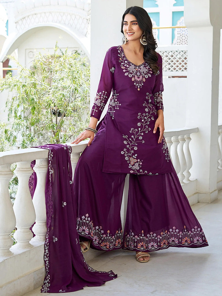 Tantalizing Wine Sequins Embroidered Georgette Palazzo Suit