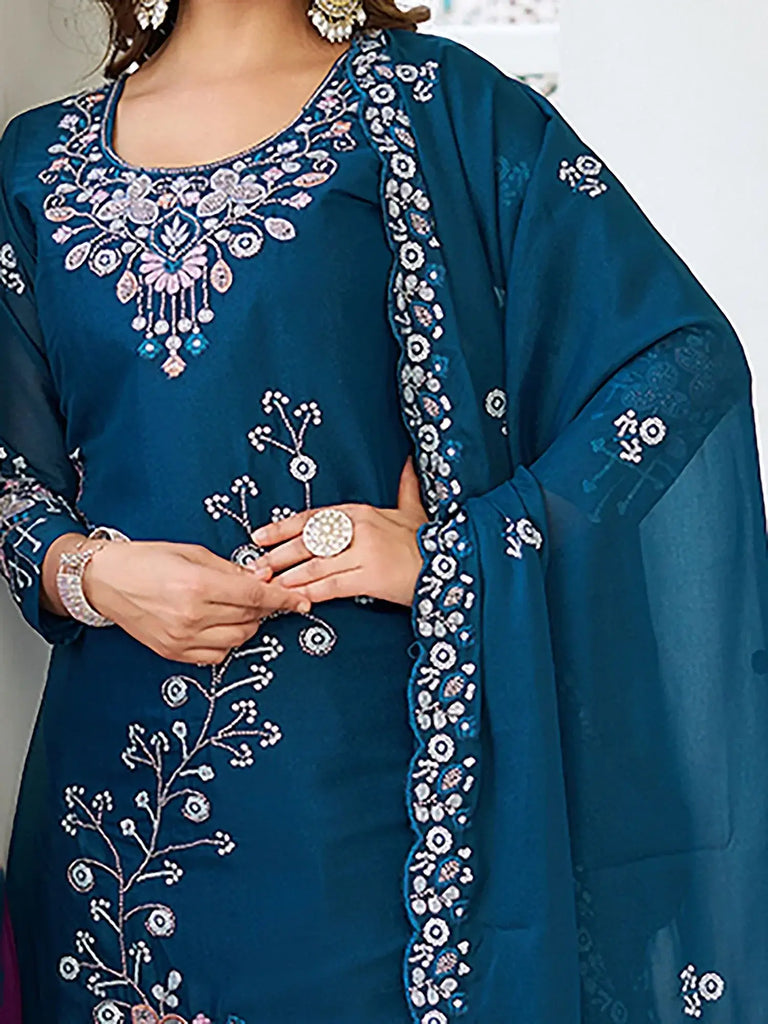 Mesmerizing Blue Georgette Sequins Embroidered Palazzo Suit