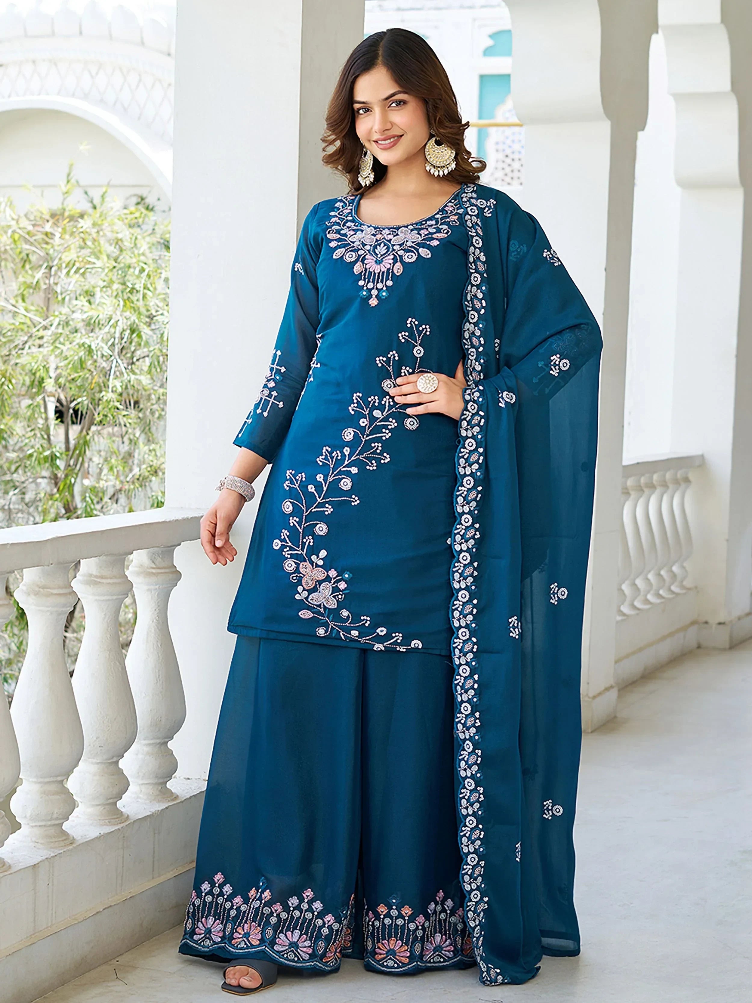 Mesmerizing Blue Georgette Sequins Embroidered Palazzo Suit