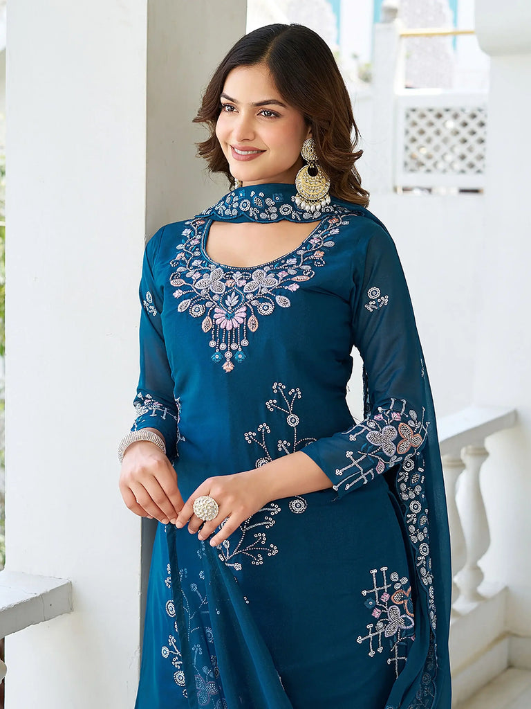 Mesmerizing Blue Georgette Sequins Embroidered Palazzo Suit
