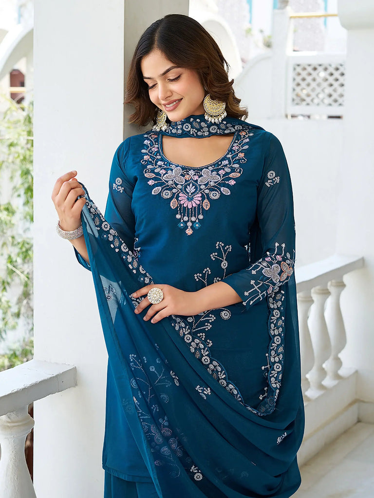 Mesmerizing Blue Georgette Sequins Embroidered Palazzo Suit
