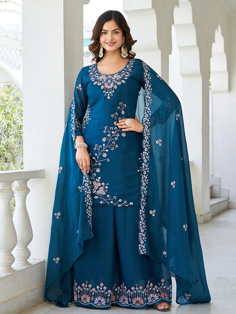 Mesmerizing Blue Georgette Sequins Embroidered Palazzo Suit