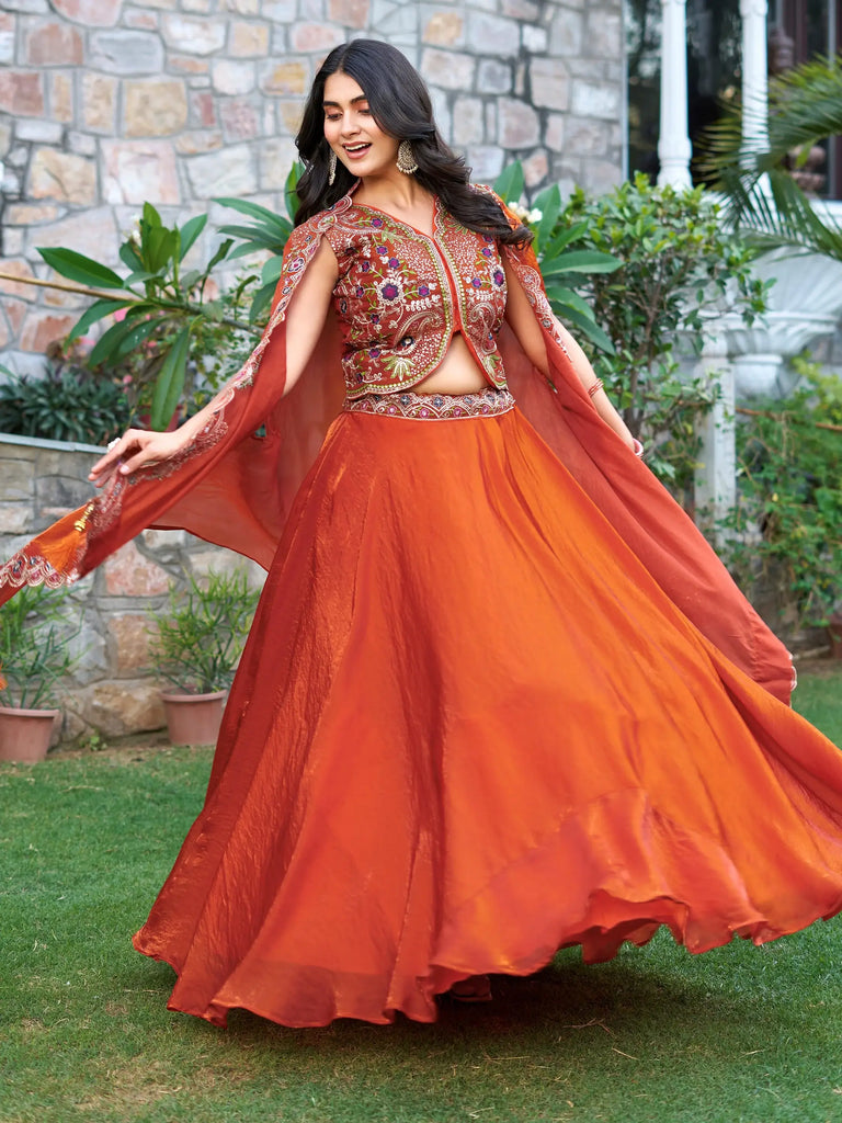 Alluring Orange Heavy Embroidered Silk Festive Wear Lehenga Choli