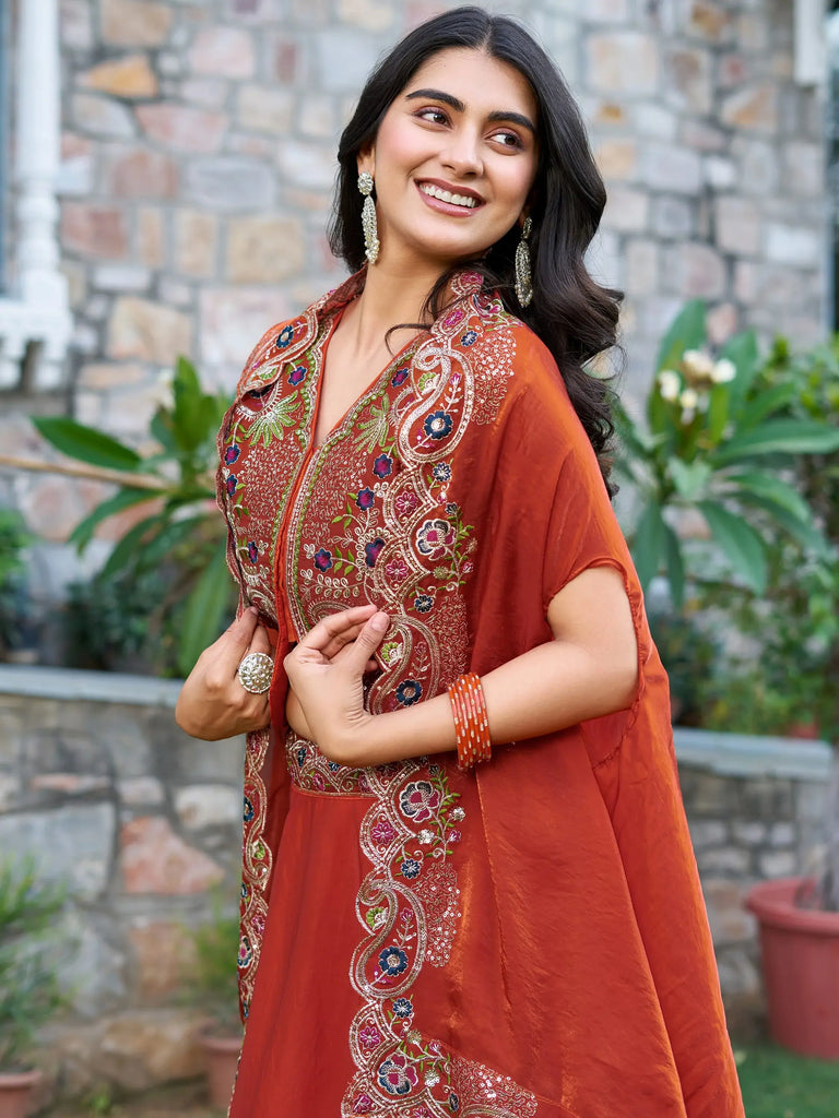 Alluring Orange Heavy Embroidered Silk Festive Wear Lehenga Choli