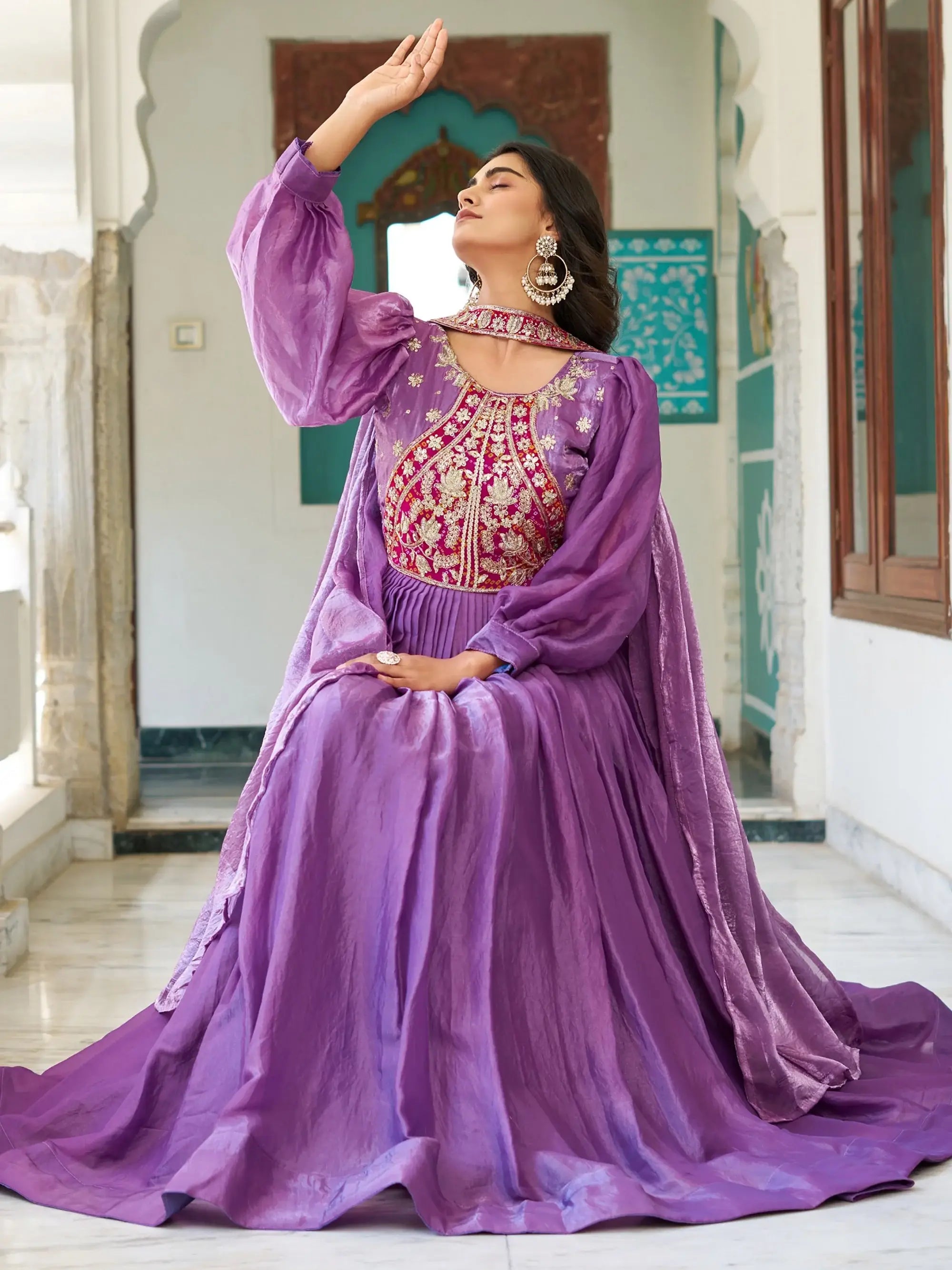 Glamorous Purple Embroidered Silk Wedding Wear Gown With Dupatta