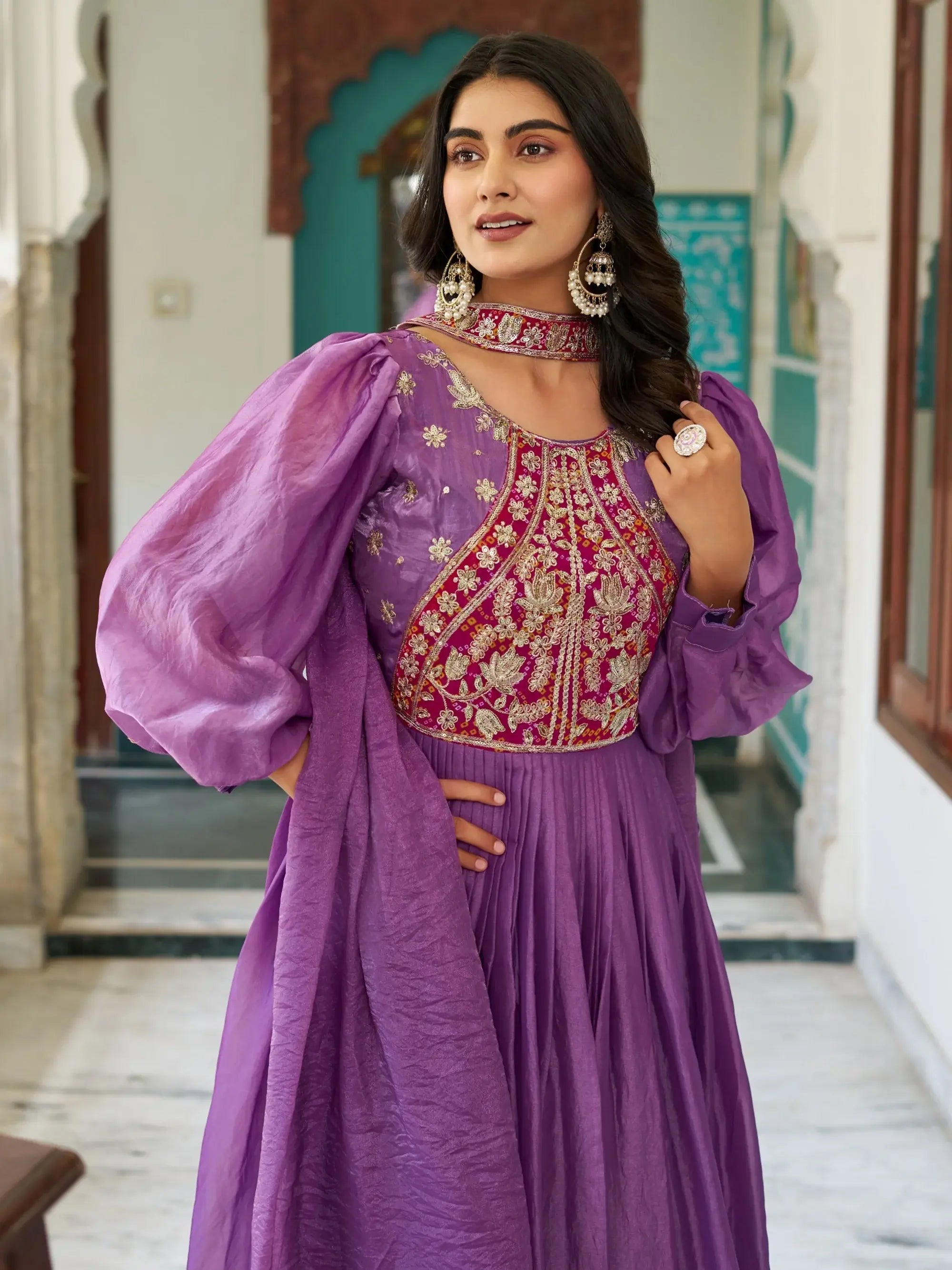 Glamorous Purple Embroidered Silk Wedding Wear Gown With Dupatta