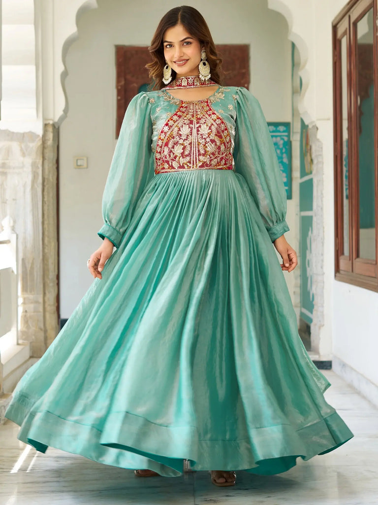 Awesome Green Embroidered Silk Festive Wear Gown With Dupatta