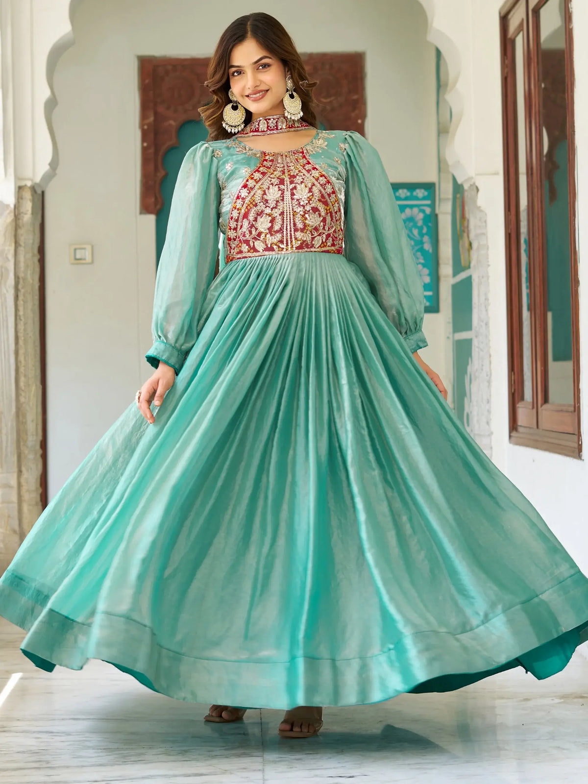 Awesome Green Embroidered Silk Festive Wear Gown With Dupatta