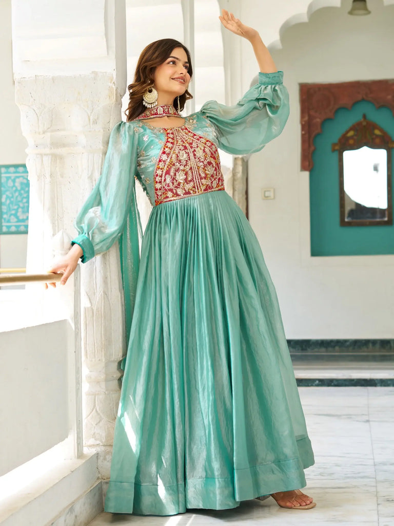 Awesome Green Embroidered Silk Festive Wear Gown With Dupatta