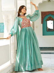 Awesome Green Embroidered Silk Festive Wear Gown With Dupatta