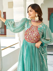 Awesome Green Embroidered Silk Festive Wear Gown With Dupatta