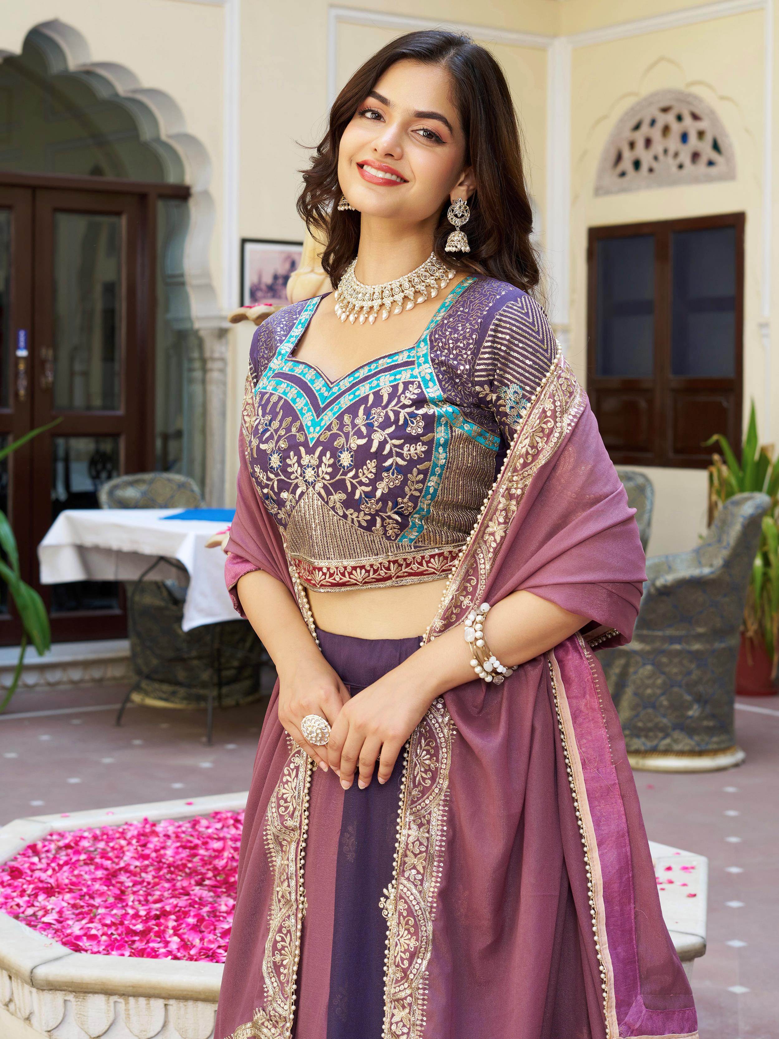 Glowing Multi-Colour Embroidered Georgette Festive Wear Lehenga Choli