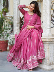 Incredible Pink Sequins Georgette Festival Wear Gown With Dupatta