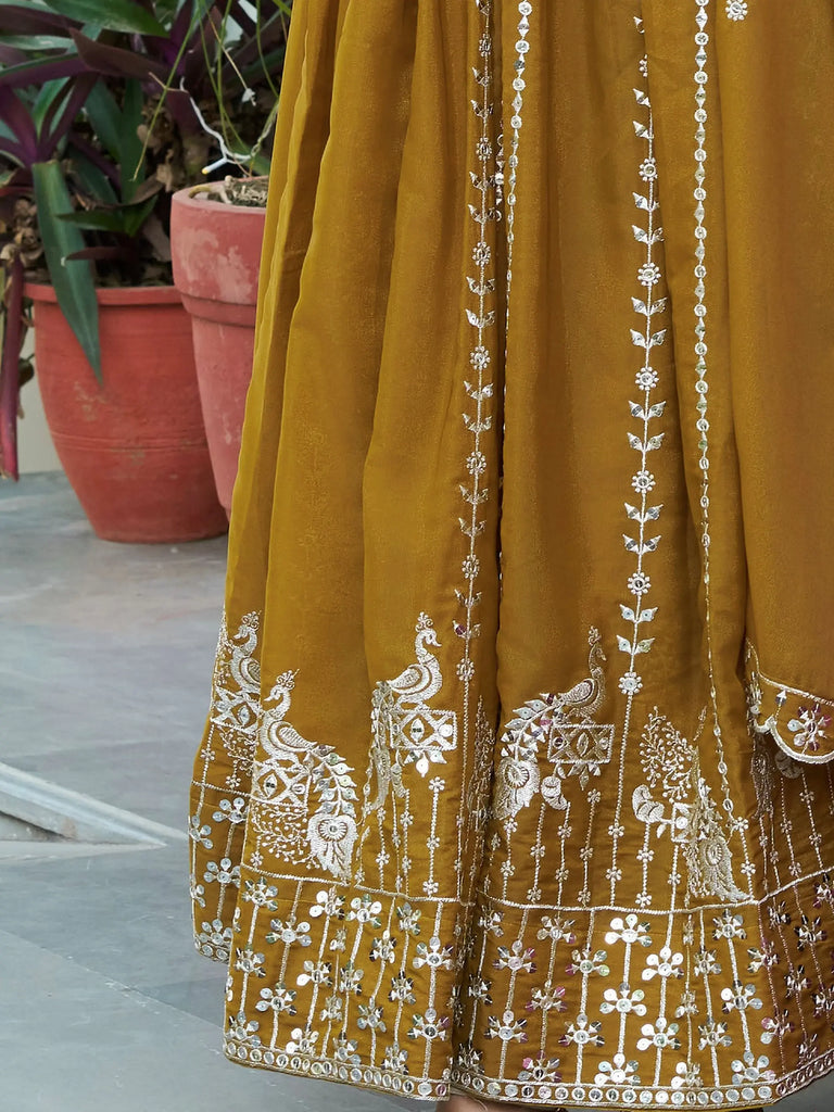 Outstanding Yellow Sequins Georgette Wedding Wear Gown With Dupatta