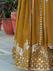 Outstanding Yellow Sequins Georgette Wedding Wear Gown With Dupatta