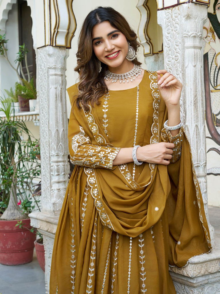 Outstanding Yellow Sequins Georgette Wedding Wear Gown With Dupatta
