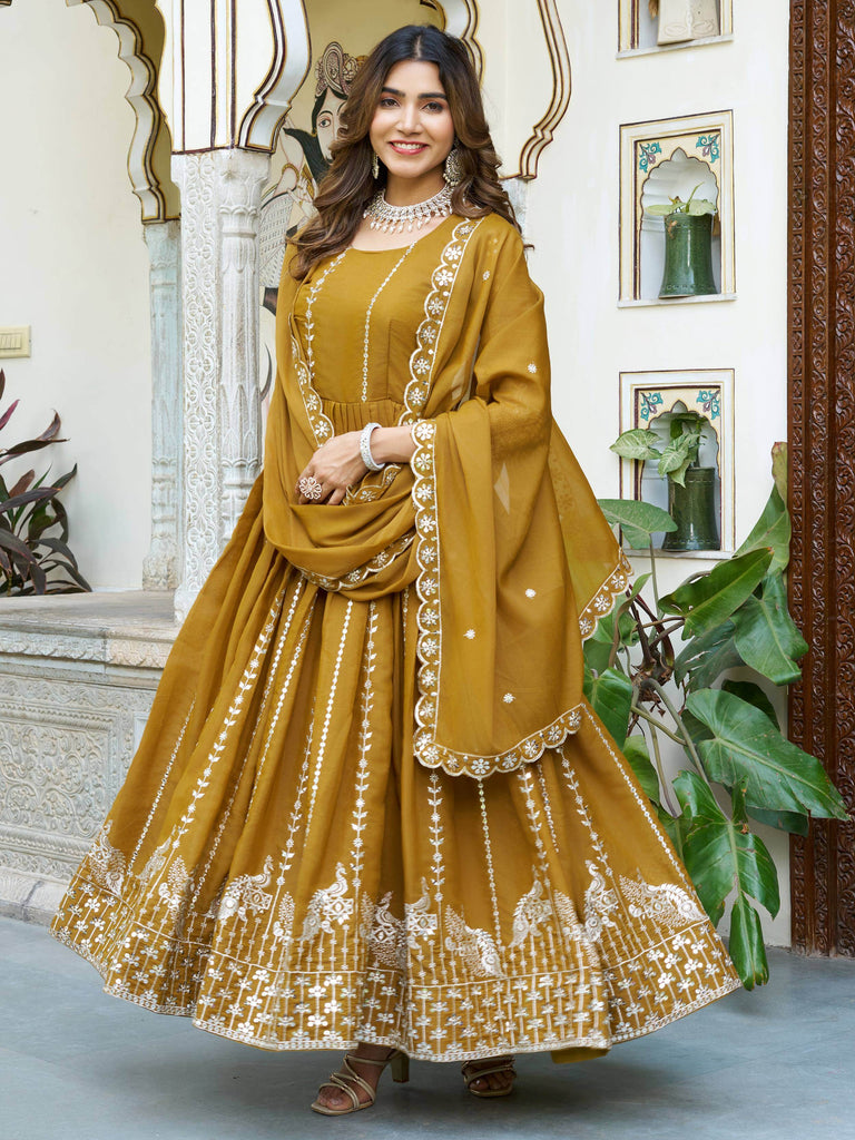 Outstanding Yellow Sequins Georgette Wedding Wear Gown With Dupatta