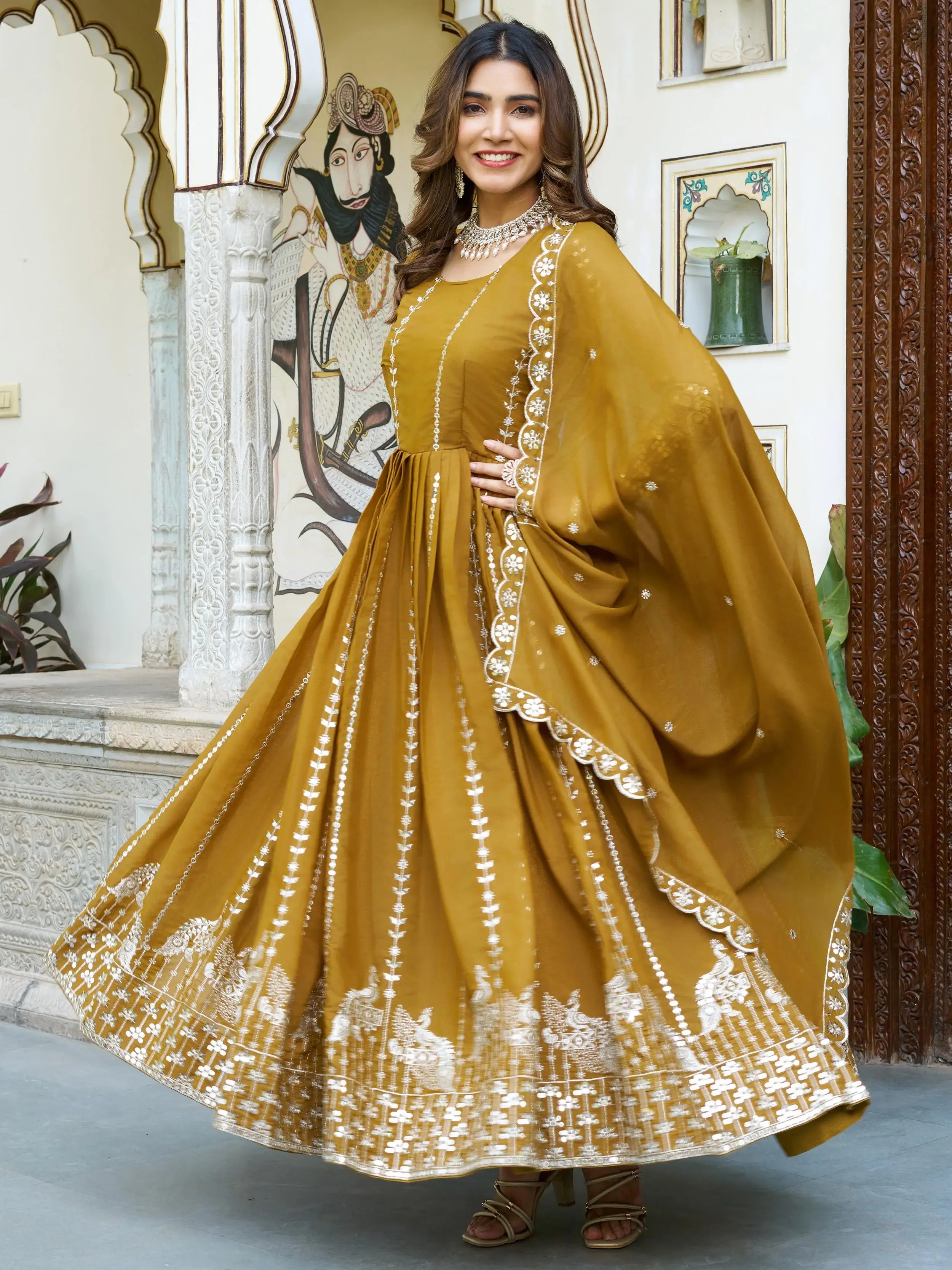 Outstanding Yellow Sequins Georgette Wedding Wear Gown With Dupatta