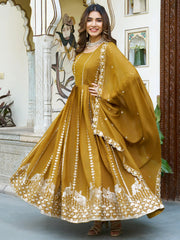 Outstanding Yellow Sequins Georgette Wedding Wear Gown With Dupatta