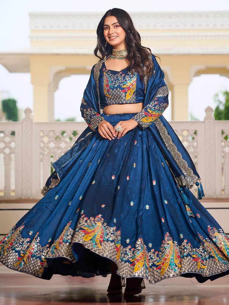 Awesome Blue Sequins Embroidered Reception Wear Lehenga Choli