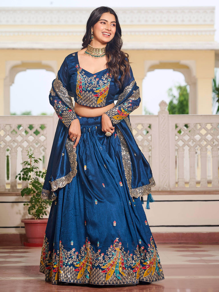Awesome Blue Sequins Embroidered Reception Wear Lehenga Choli