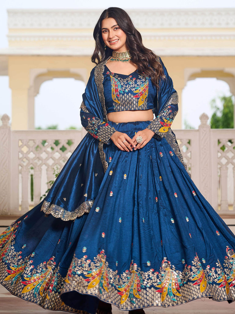 Awesome Blue Sequins Embroidered Reception Wear Lehenga Choli