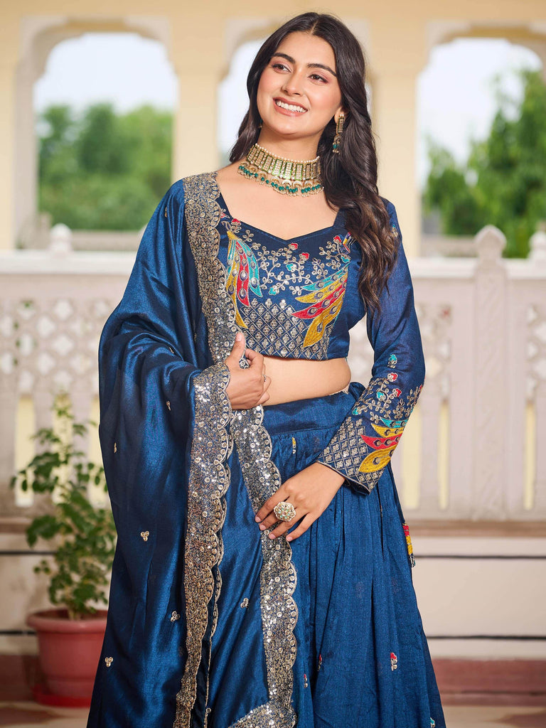 Awesome Blue Sequins Embroidered Reception Wear Lehenga Choli