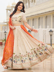 Majestic Off-White Sequnis Silk Lehenga Choli With Orange Dupatta 