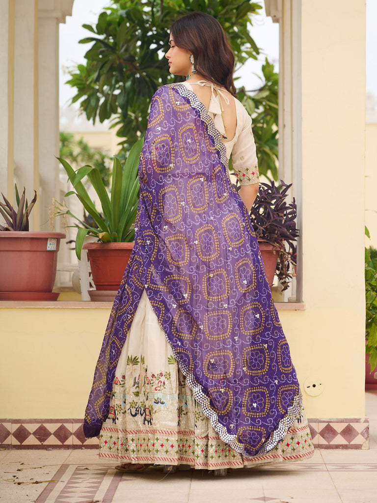 Elegant Off-White Sequnis Silk Lehenga Choli With Purple Dupatta 