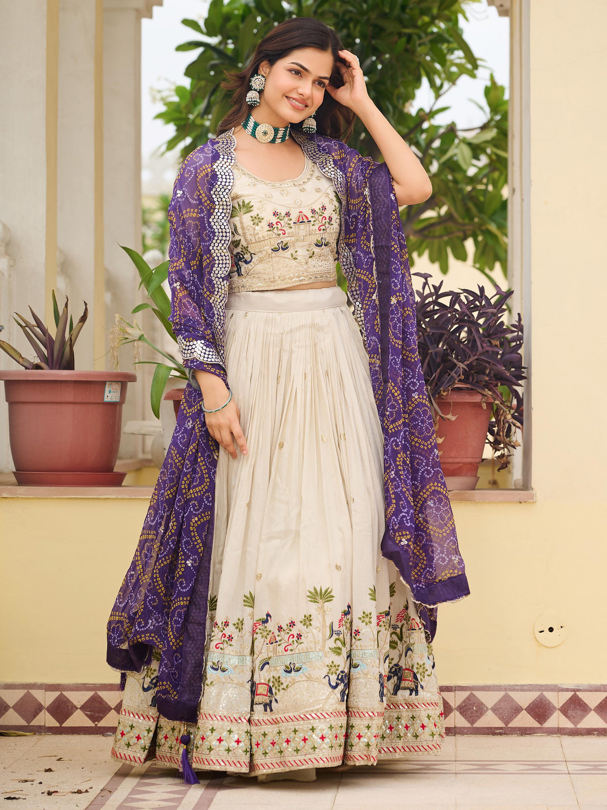 Elegant Off-White Sequnis Silk Lehenga Choli With Purple Dupatta 