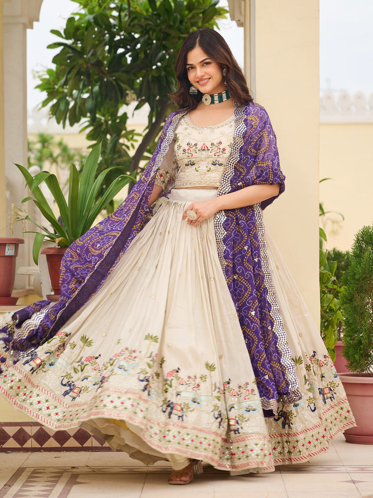 Elegant Off-White Sequnis Silk Lehenga Choli With Purple Dupatta 