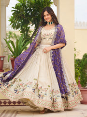 Elegant Off-White Sequnis Silk Lehenga Choli With Purple Dupatta 