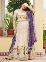 Elegant Off-White Sequnis Silk Lehenga Choli With Purple Dupatta 