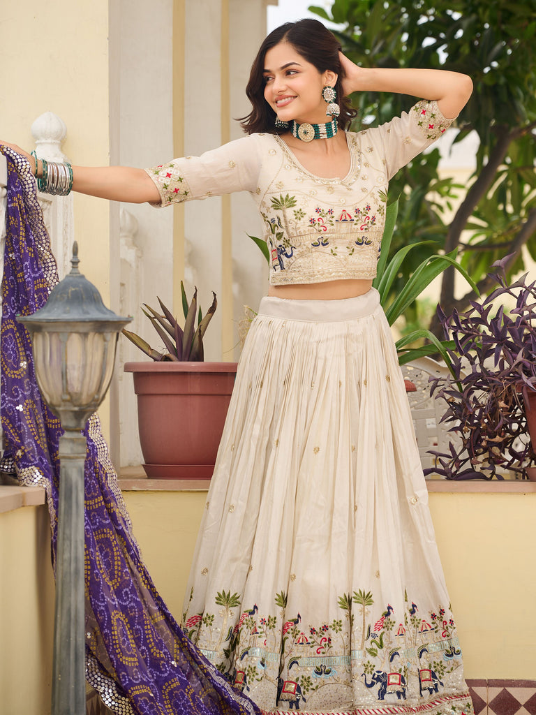 Elegant Off-White Sequnis Silk Lehenga Choli With Purple Dupatta 